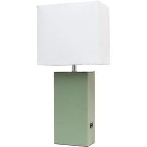 Modern Leather Table Lamp with USB and White Fabric Shade, Sage Green